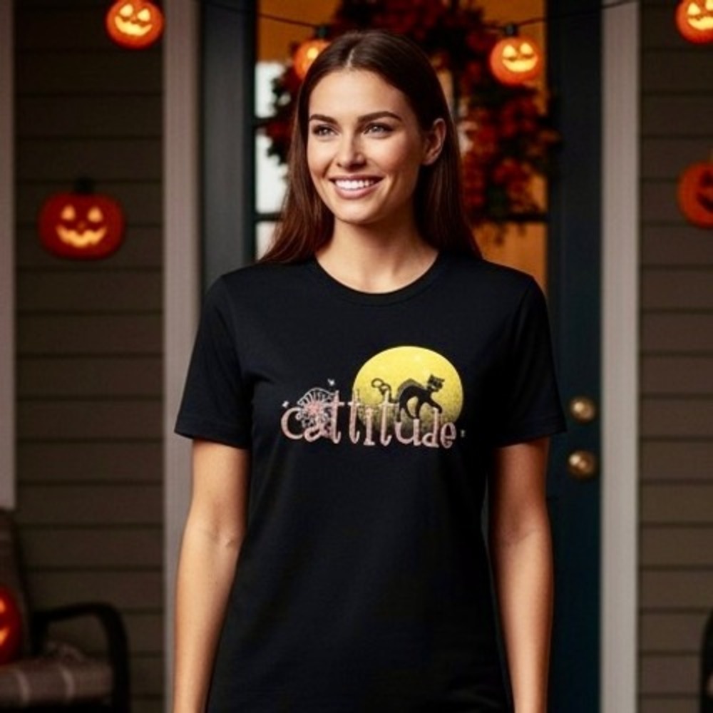 Halloween Cat T Shirt Women Large Black Orange Cattitude Black Cat Glitter Fall‎